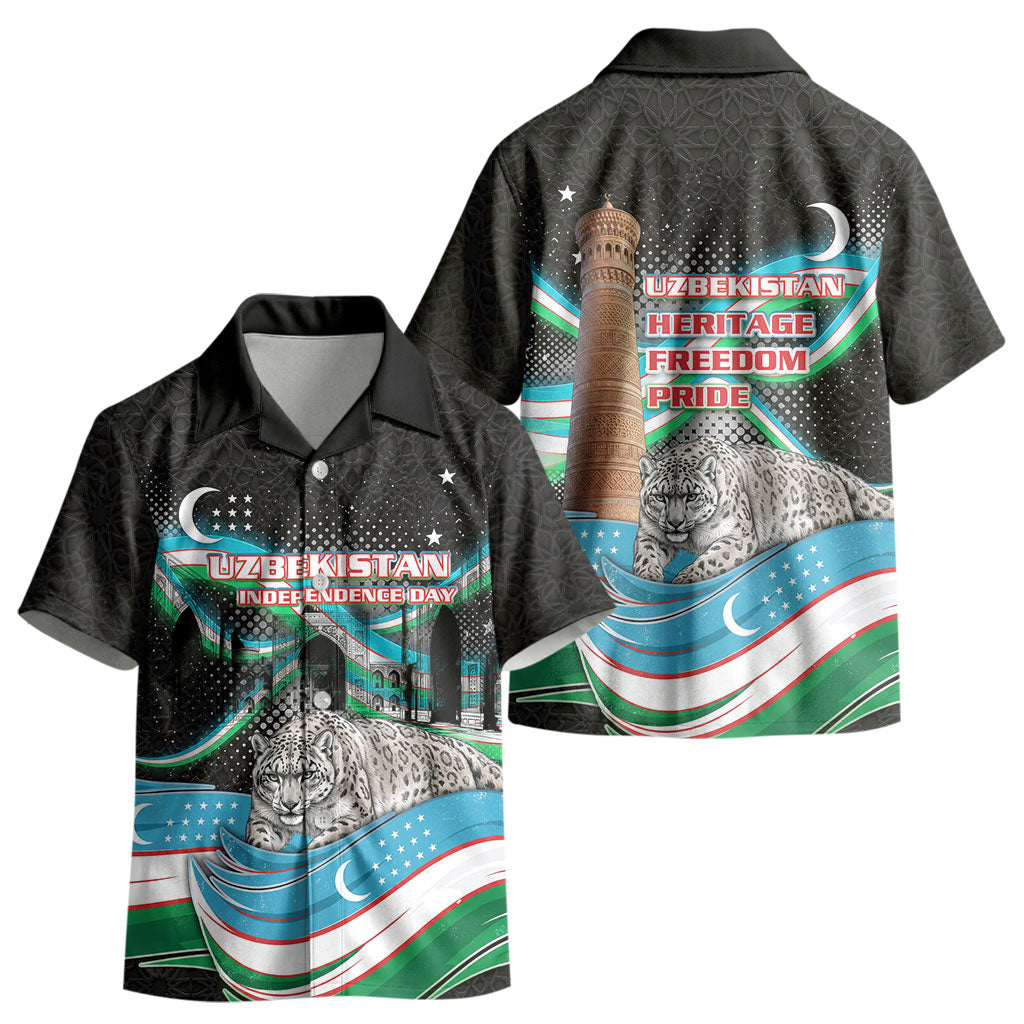 Uzbekistan Independence Day Kid Hawaiian Shirt Freedom Snow Leopard Minaret Architecture Flag