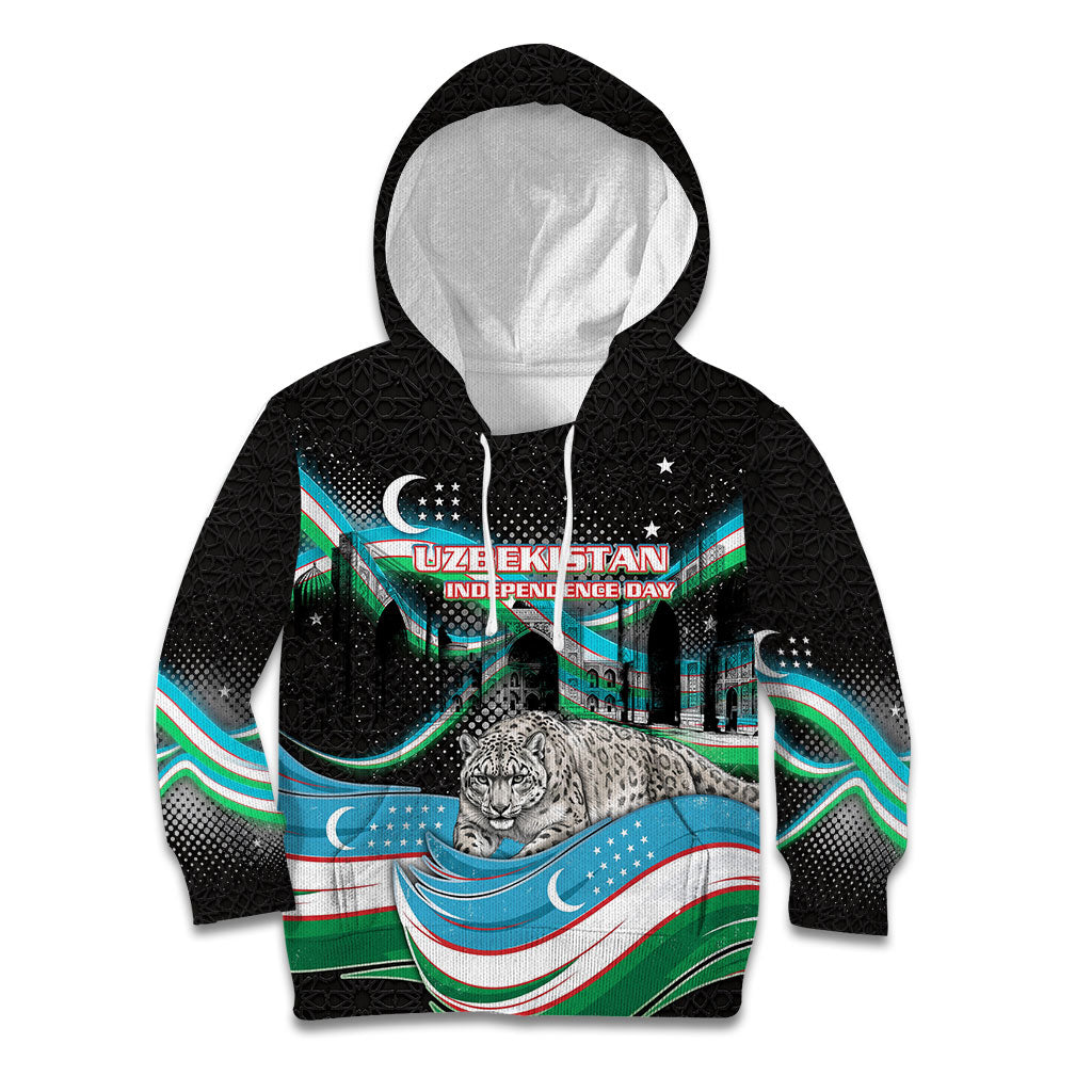 Uzbekistan Independence Day Kid Hoodie Freedom Snow Leopard Minaret Architecture Flag