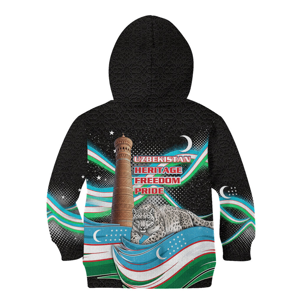 Uzbekistan Independence Day Kid Hoodie Freedom Snow Leopard Minaret Architecture Flag