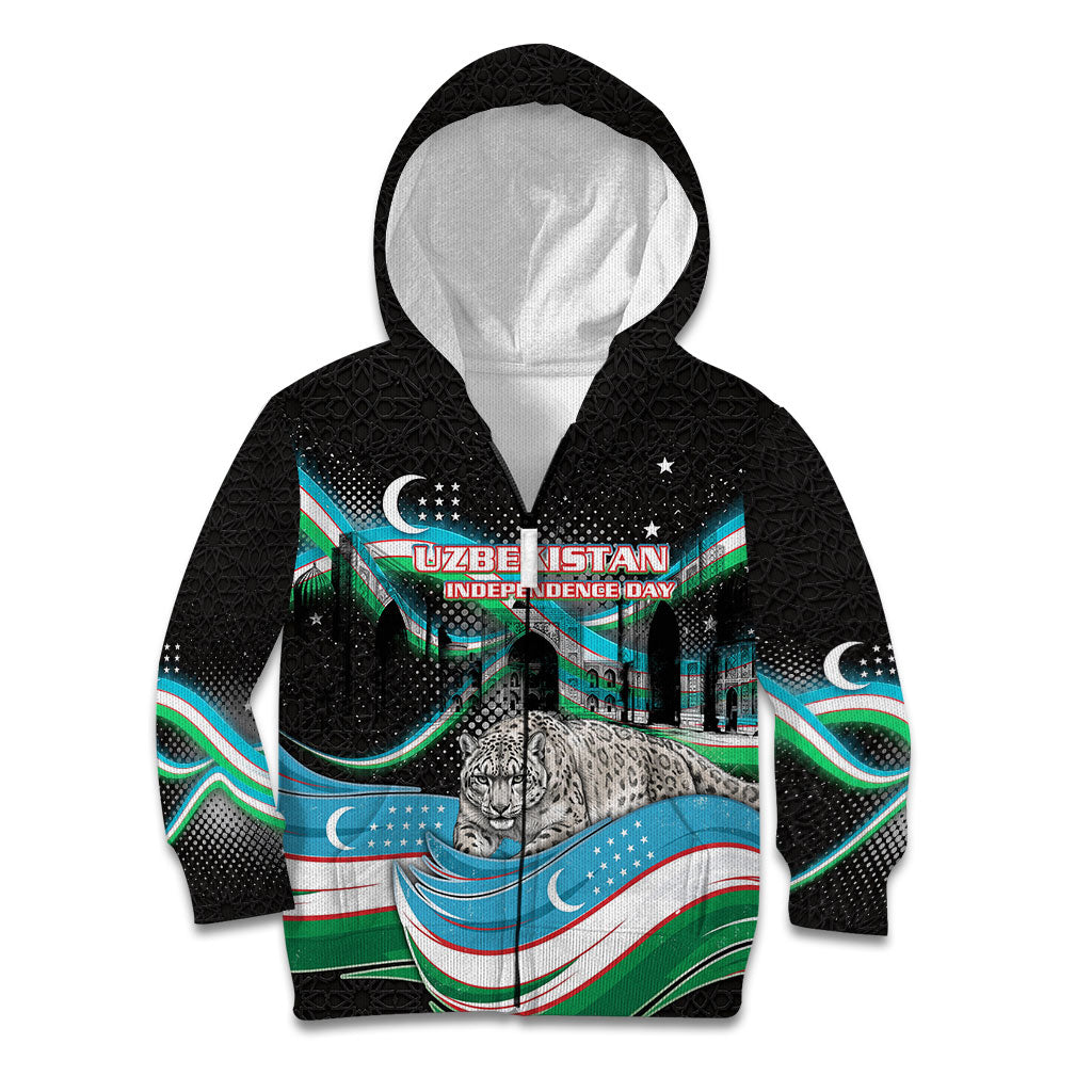 Uzbekistan Independence Day Kid Hoodie Freedom Snow Leopard Minaret Architecture Flag