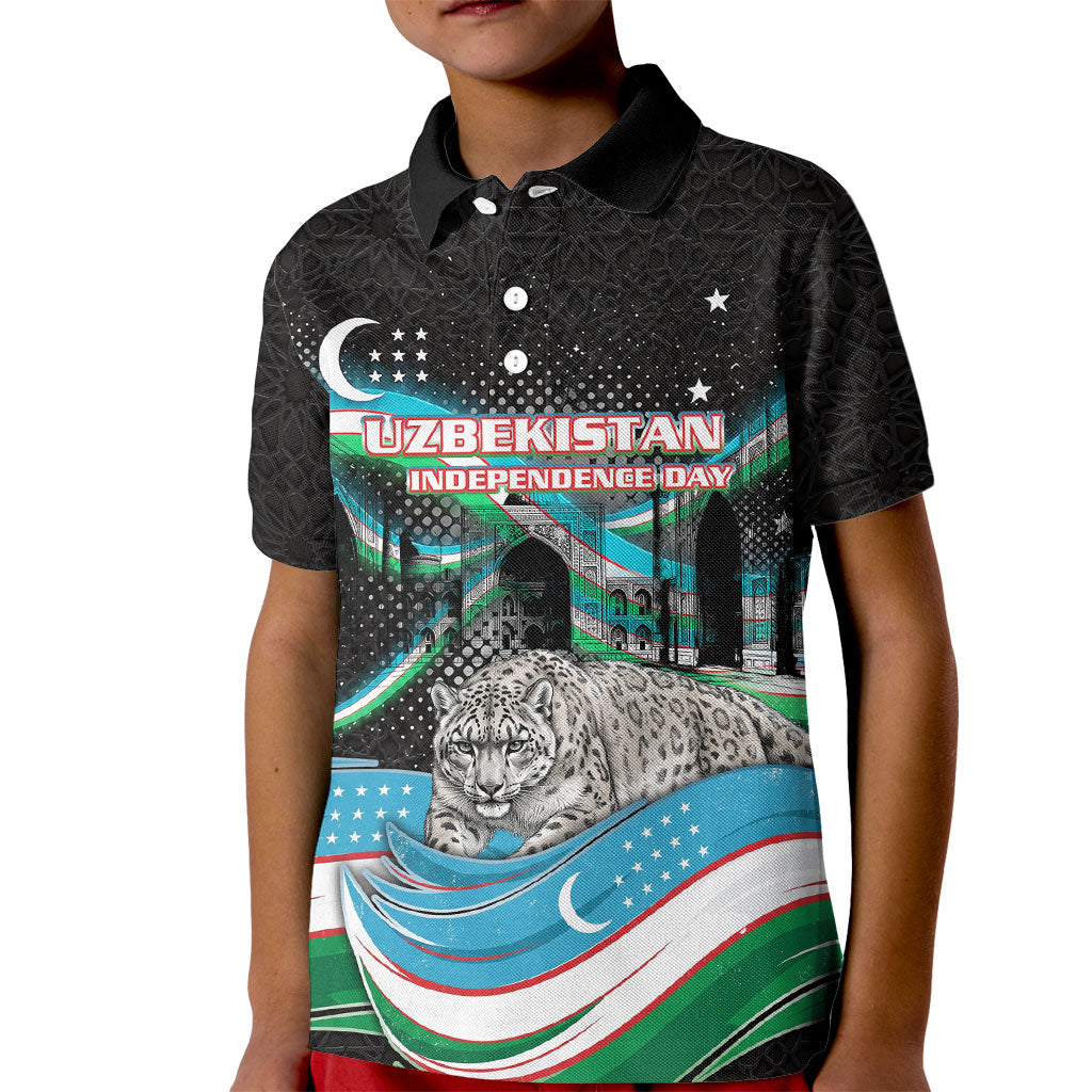 Uzbekistan Independence Day Kid Polo Shirt Freedom Snow Leopard Minaret Architecture Flag