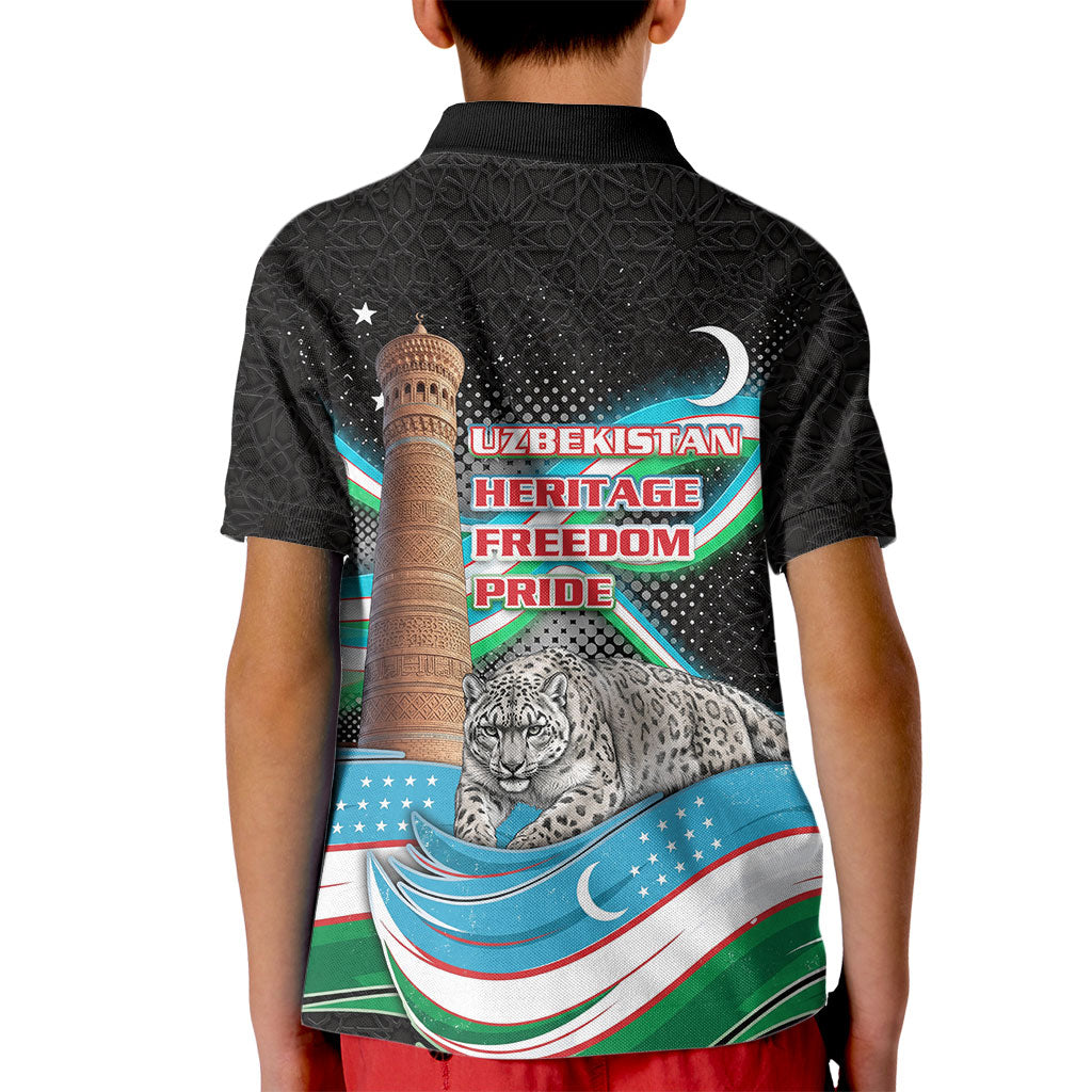 Uzbekistan Independence Day Kid Polo Shirt Freedom Snow Leopard Minaret Architecture Flag