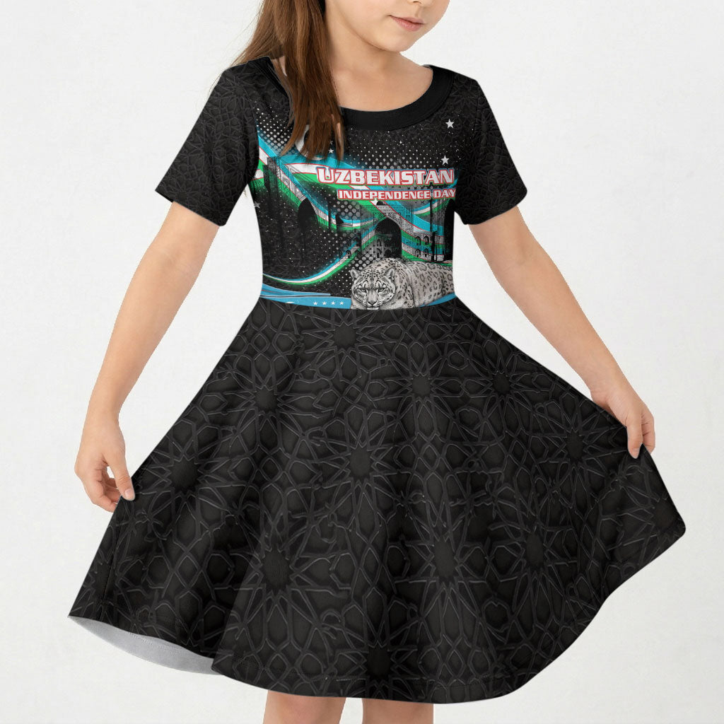 Uzbekistan Independence Day Kid Short Sleeve Dress Freedom Snow Leopard Minaret Architecture Flag