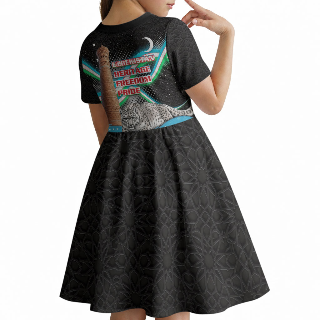 Uzbekistan Independence Day Kid Short Sleeve Dress Freedom Snow Leopard Minaret Architecture Flag