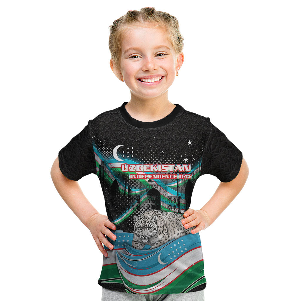 Uzbekistan Independence Day Kid T Shirt Freedom Snow Leopard Minaret Architecture Flag