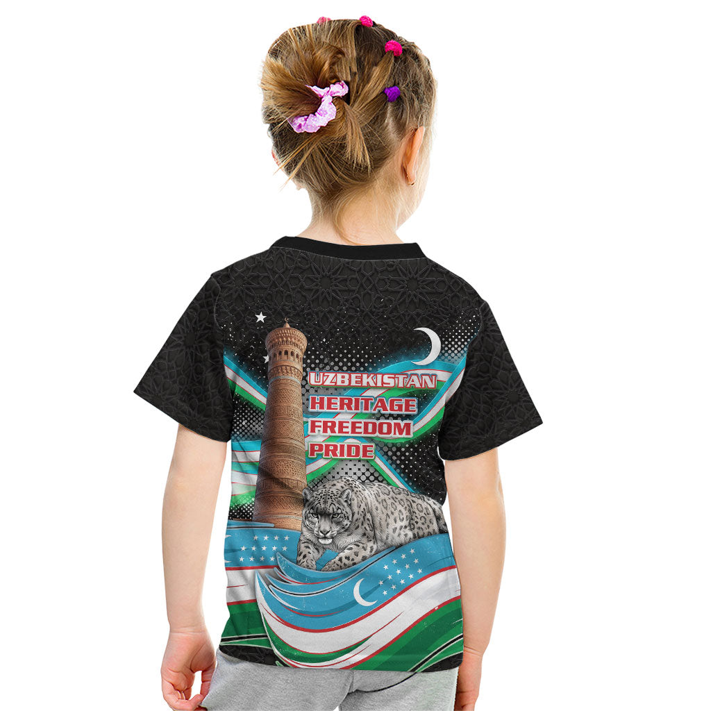 Uzbekistan Independence Day Kid T Shirt Freedom Snow Leopard Minaret Architecture Flag