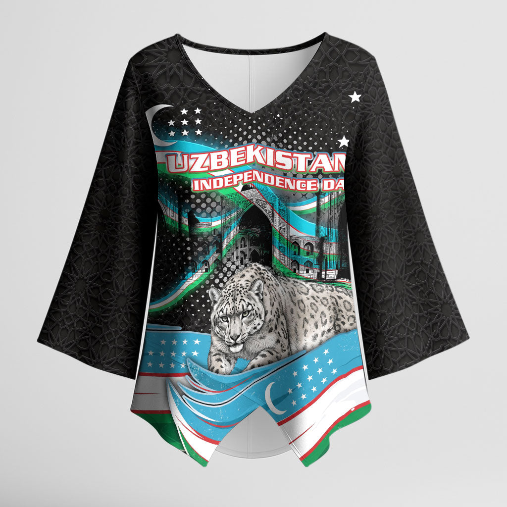 Uzbekistan Independence Day Kimono Sleeve Blouse Freedom Snow Leopard Minaret Architecture Flag