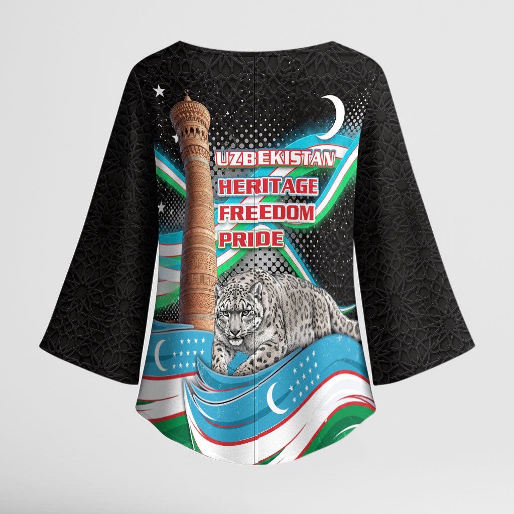 Uzbekistan Independence Day Kimono Sleeve Blouse Freedom Snow Leopard Minaret Architecture Flag