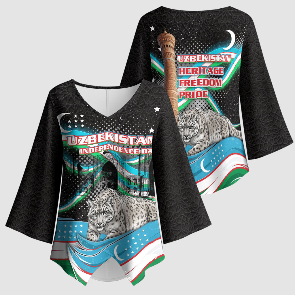 Uzbekistan Independence Day Kimono Sleeve Blouse Freedom Snow Leopard Minaret Architecture Flag