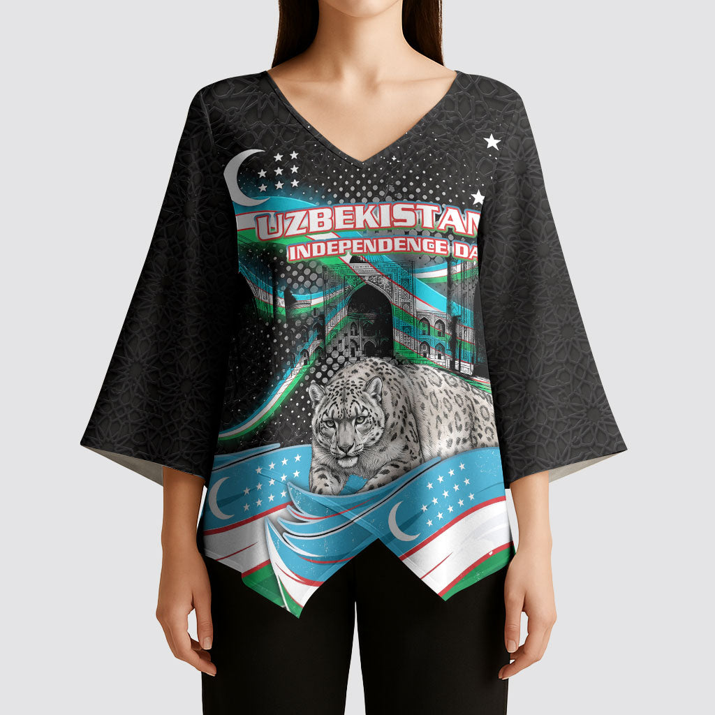 Uzbekistan Independence Day Kimono Sleeve Blouse Freedom Snow Leopard Minaret Architecture Flag