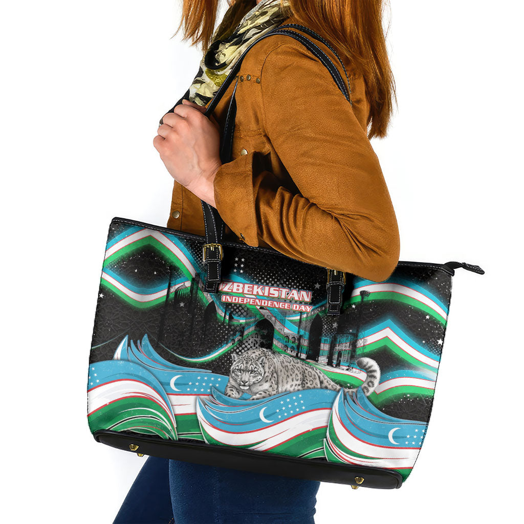 Uzbekistan Independence Day Leather Tote Bag Freedom Snow Leopard Minaret Architecture Flag