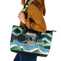 Uzbekistan Independence Day Leather Tote Bag Freedom Snow Leopard Minaret Architecture Flag