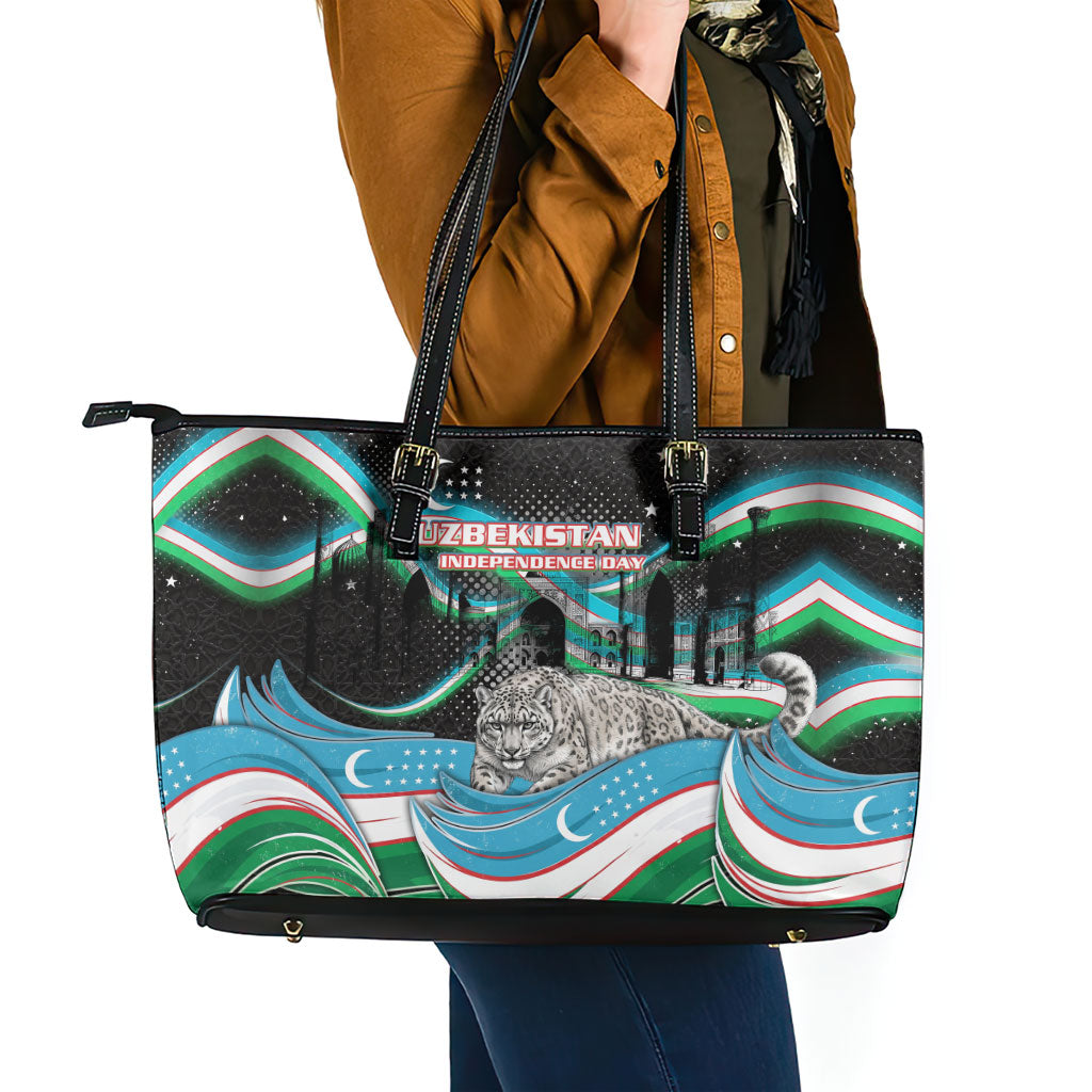 Uzbekistan Independence Day Leather Tote Bag Freedom Snow Leopard Minaret Architecture Flag