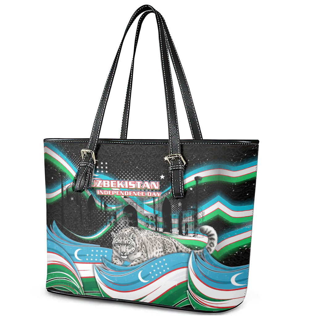 Uzbekistan Independence Day Leather Tote Bag Freedom Snow Leopard Minaret Architecture Flag