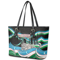 Uzbekistan Independence Day Leather Tote Bag Freedom Snow Leopard Minaret Architecture Flag