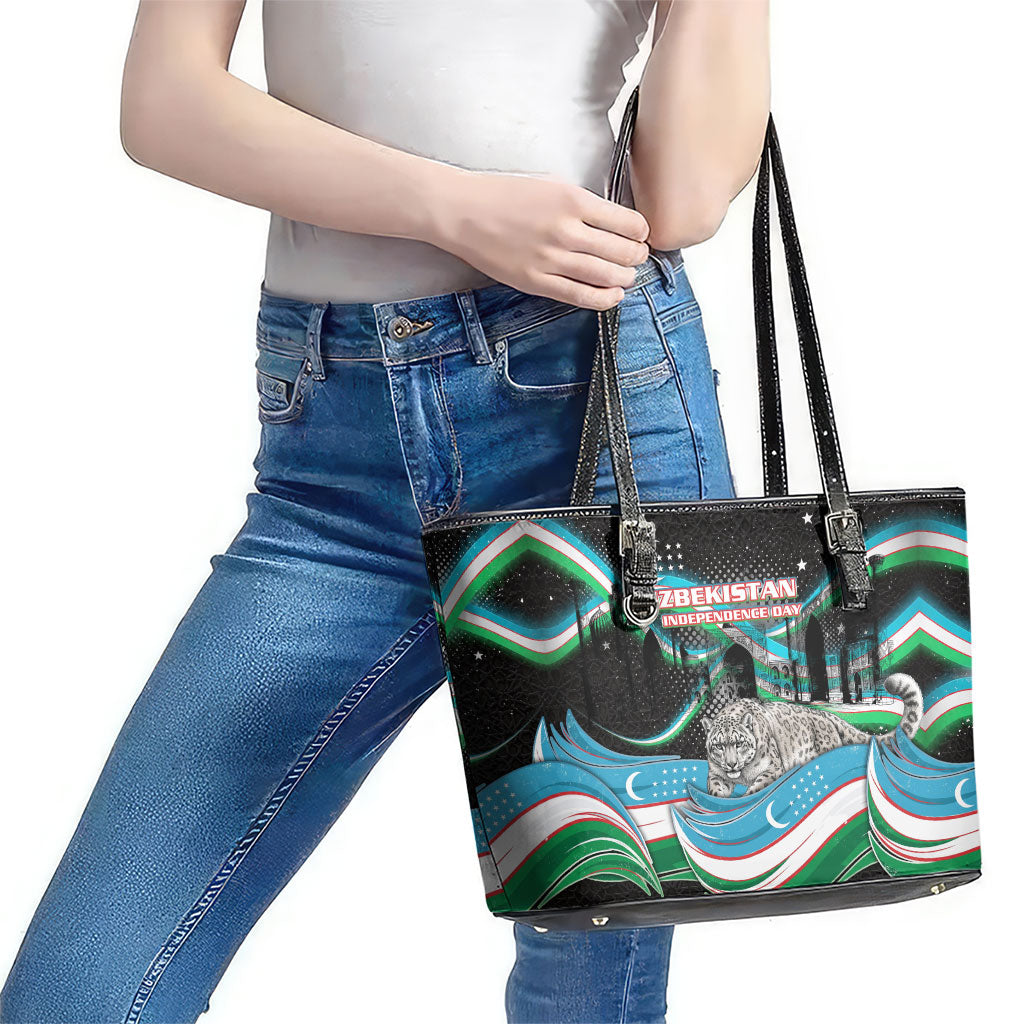 Uzbekistan Independence Day Leather Tote Bag Freedom Snow Leopard Minaret Architecture Flag