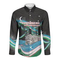 Uzbekistan Independence Day Long Sleeve Button Shirt Freedom Snow Leopard Minaret Architecture Flag