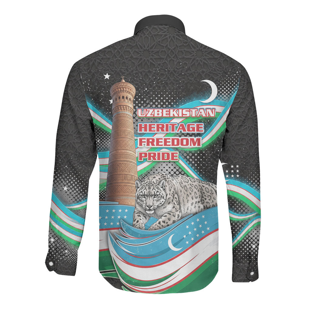 Uzbekistan Independence Day Long Sleeve Button Shirt Freedom Snow Leopard Minaret Architecture Flag