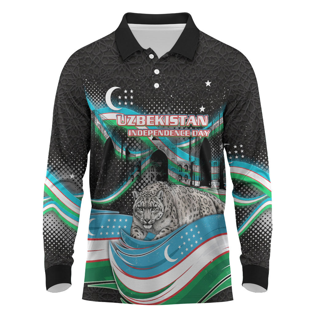 Uzbekistan Independence Day Long Sleeve Polo Shirt Freedom Snow Leopard Minaret Architecture Flag
