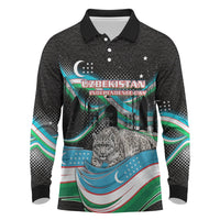 Uzbekistan Independence Day Long Sleeve Polo Shirt Freedom Snow Leopard Minaret Architecture Flag