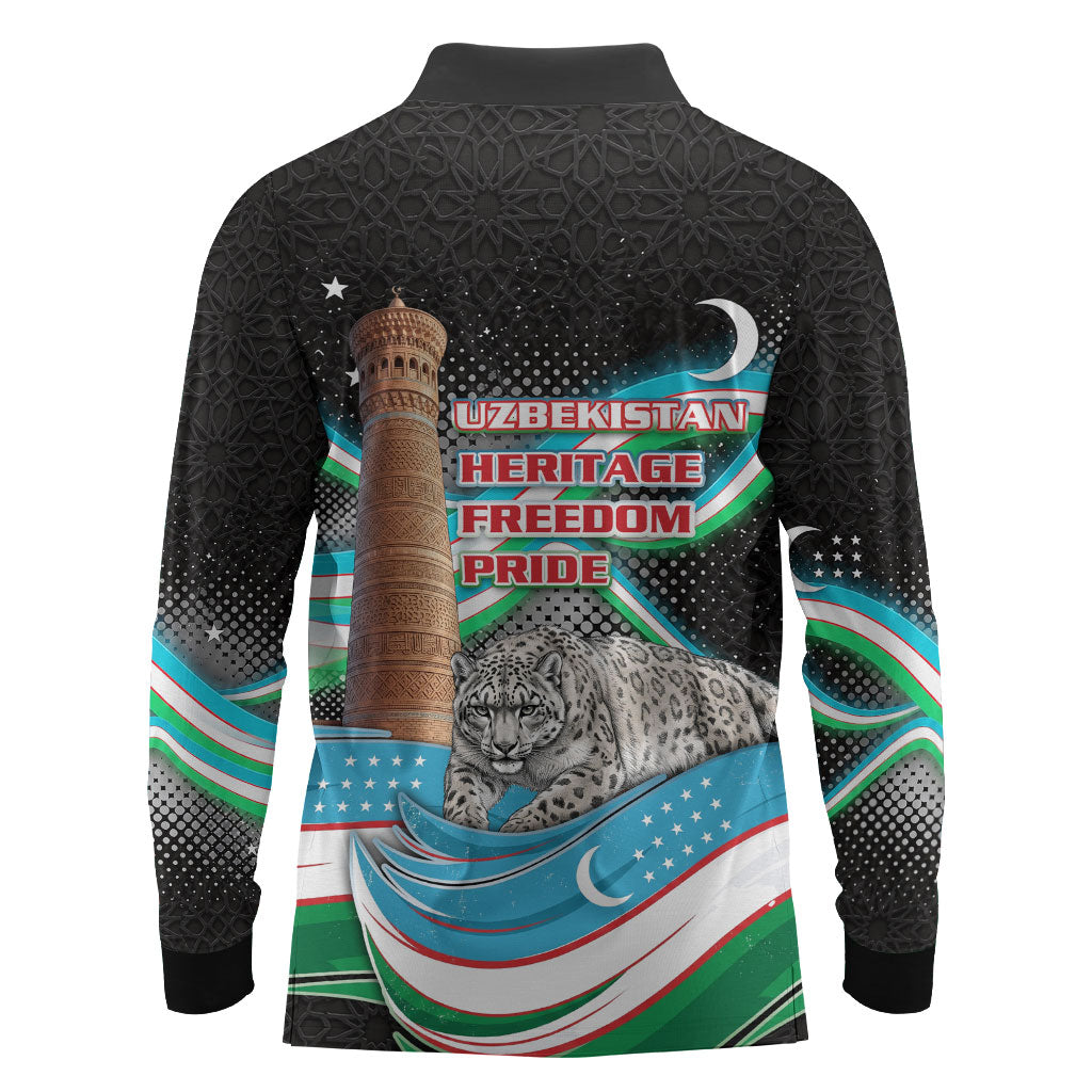 Uzbekistan Independence Day Long Sleeve Polo Shirt Freedom Snow Leopard Minaret Architecture Flag