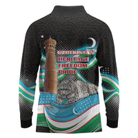 Uzbekistan Independence Day Long Sleeve Polo Shirt Freedom Snow Leopard Minaret Architecture Flag
