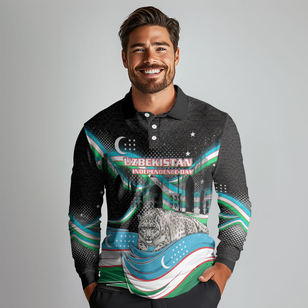 Uzbekistan Independence Day Long Sleeve Polo Shirt Freedom Snow Leopard Minaret Architecture Flag