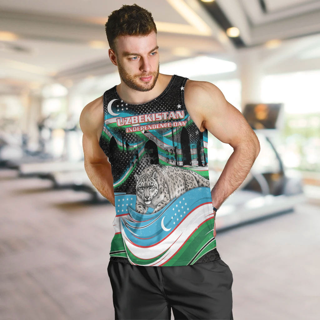 Uzbekistan Independence Day Men Tank Top Freedom Snow Leopard Minaret Architecture Flag