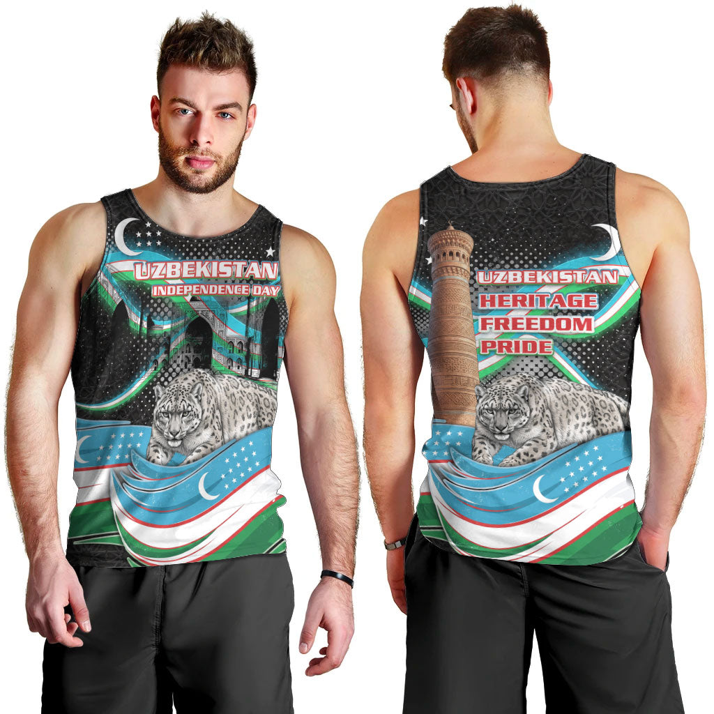 Uzbekistan Independence Day Men Tank Top Freedom Snow Leopard Minaret Architecture Flag