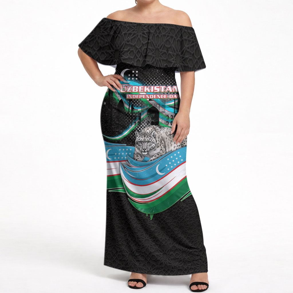 Uzbekistan Independence Day Off Shoulder Maxi Dress Freedom Snow Leopard Minaret Architecture Flag