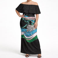 Uzbekistan Independence Day Off Shoulder Maxi Dress Freedom Snow Leopard Minaret Architecture Flag
