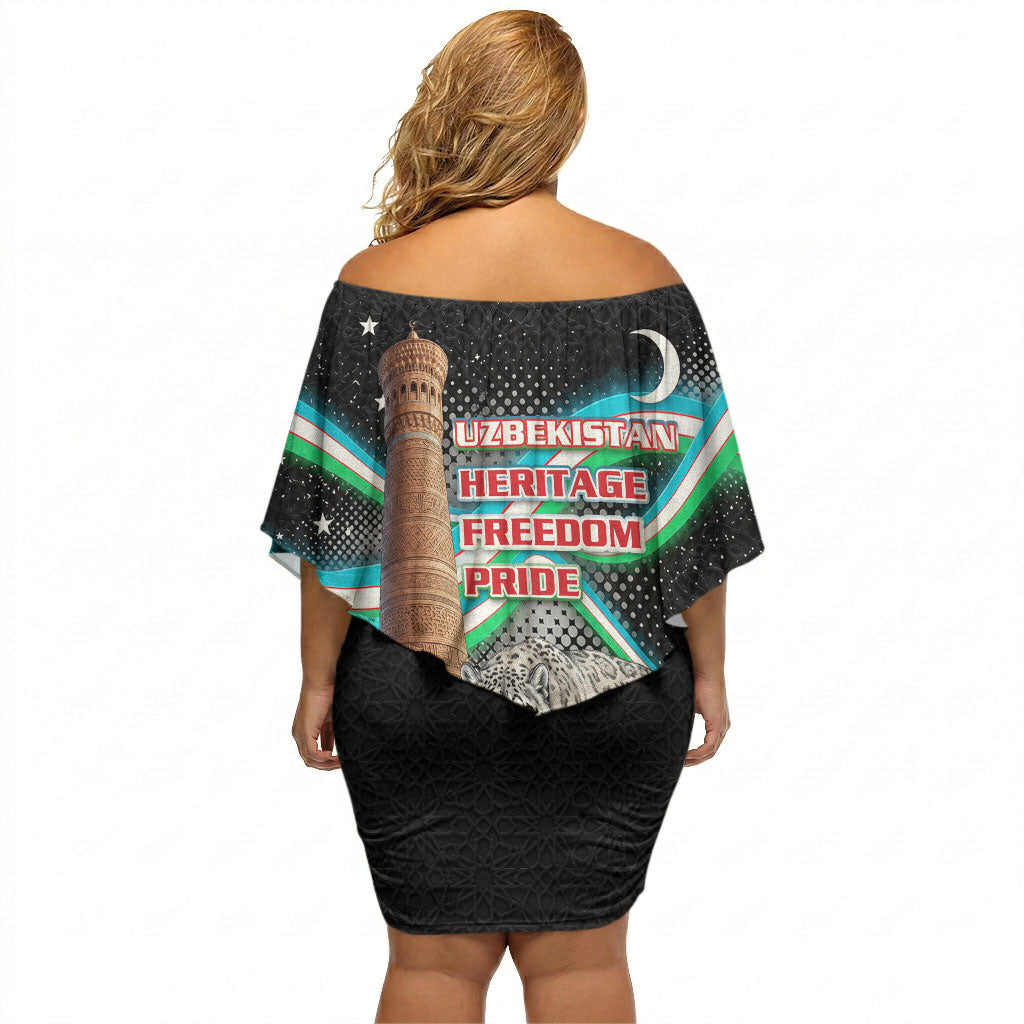 Uzbekistan Independence Day Off Shoulder Short Dress Freedom Snow Leopard Minaret Architecture Flag