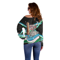 Uzbekistan Independence Day Off Shoulder Sweater Freedom Snow Leopard Minaret Architecture Flag