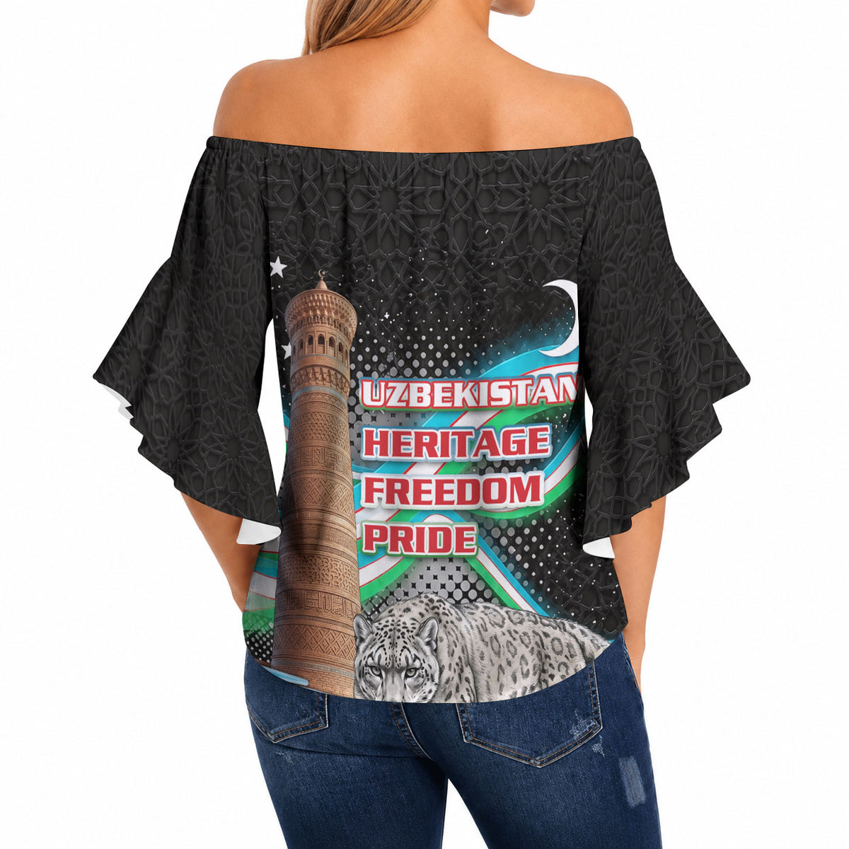 Uzbekistan Independence Day Off Shoulder Wrap Waist Top Freedom Snow Leopard Minaret Architecture Flag