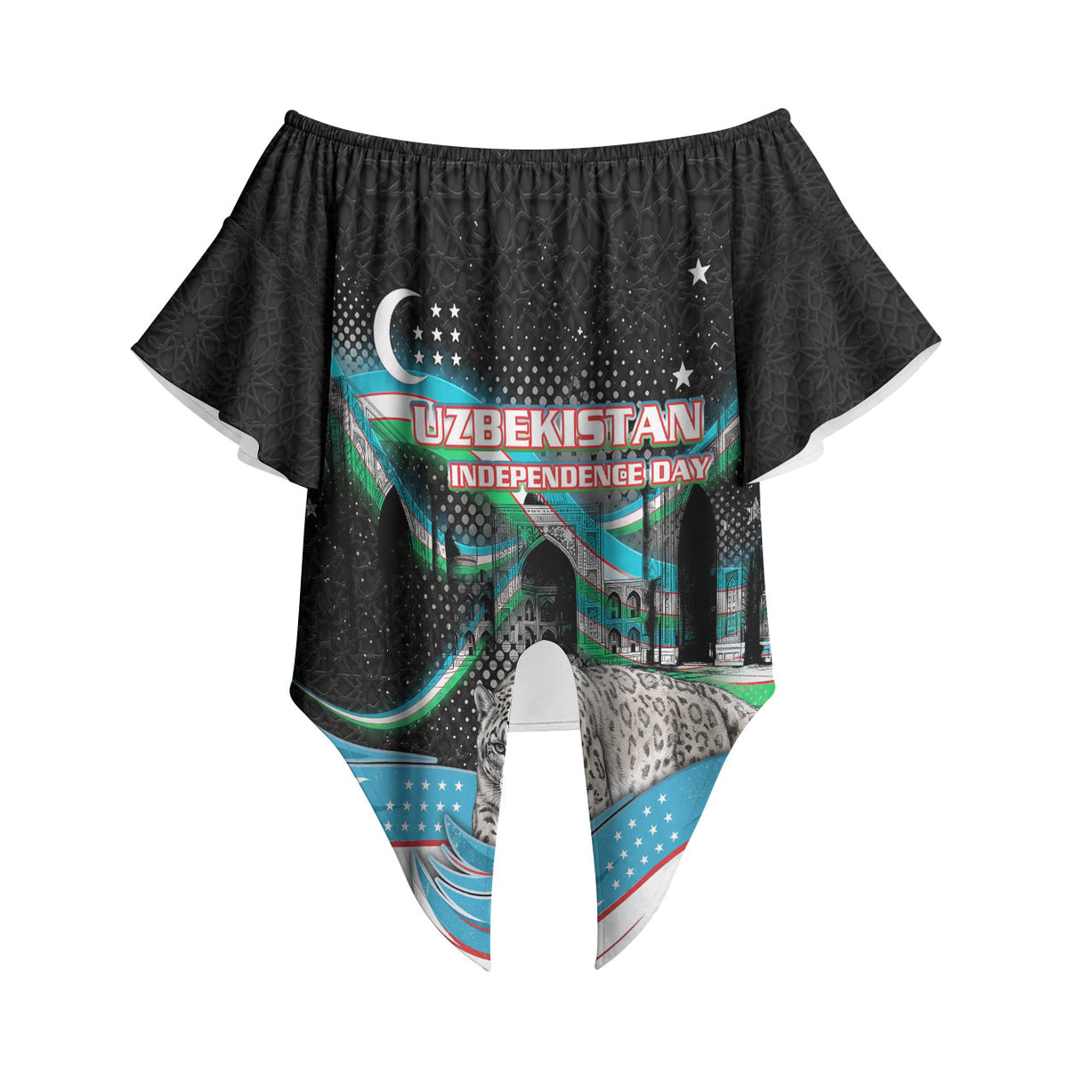 Uzbekistan Independence Day Off Shoulder Wrap Waist Top Freedom Snow Leopard Minaret Architecture Flag