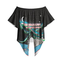 Uzbekistan Independence Day Off Shoulder Wrap Waist Top Freedom Snow Leopard Minaret Architecture Flag