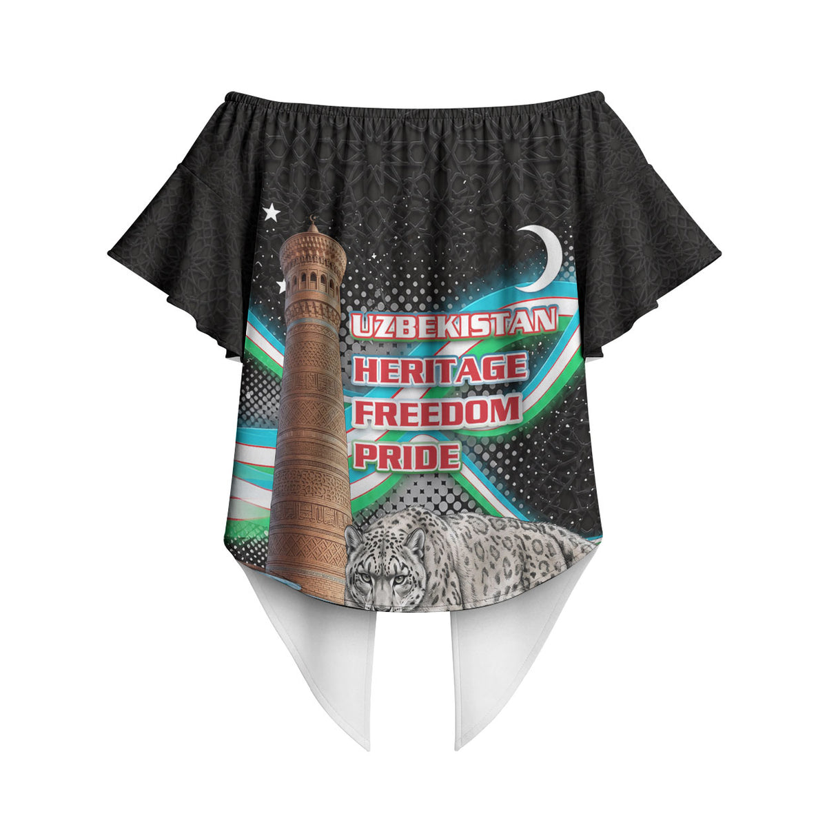 Uzbekistan Independence Day Off Shoulder Wrap Waist Top Freedom Snow Leopard Minaret Architecture Flag