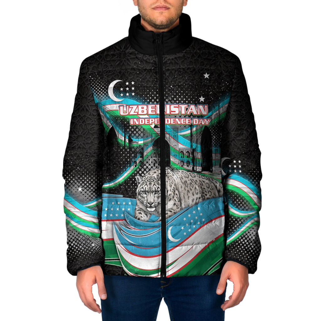 Uzbekistan Independence Day Padded Jacket Freedom Snow Leopard Minaret Architecture Flag