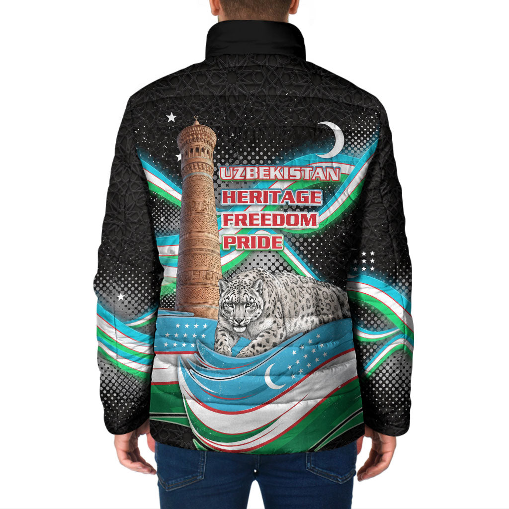 Uzbekistan Independence Day Padded Jacket Freedom Snow Leopard Minaret Architecture Flag