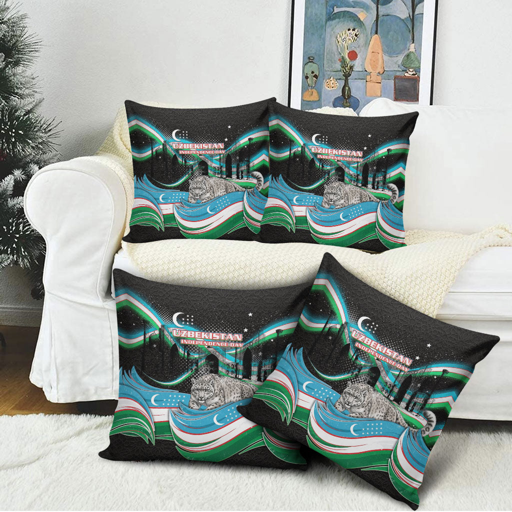 Uzbekistan Independence Day Pillow Cover Freedom Snow Leopard Minaret Architecture Flag