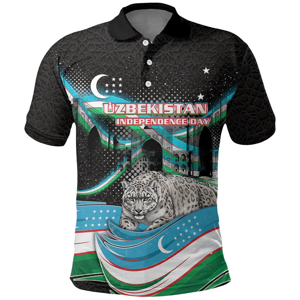 Uzbekistan Independence Day Polo Shirt Freedom Snow Leopard Minaret Architecture Flag