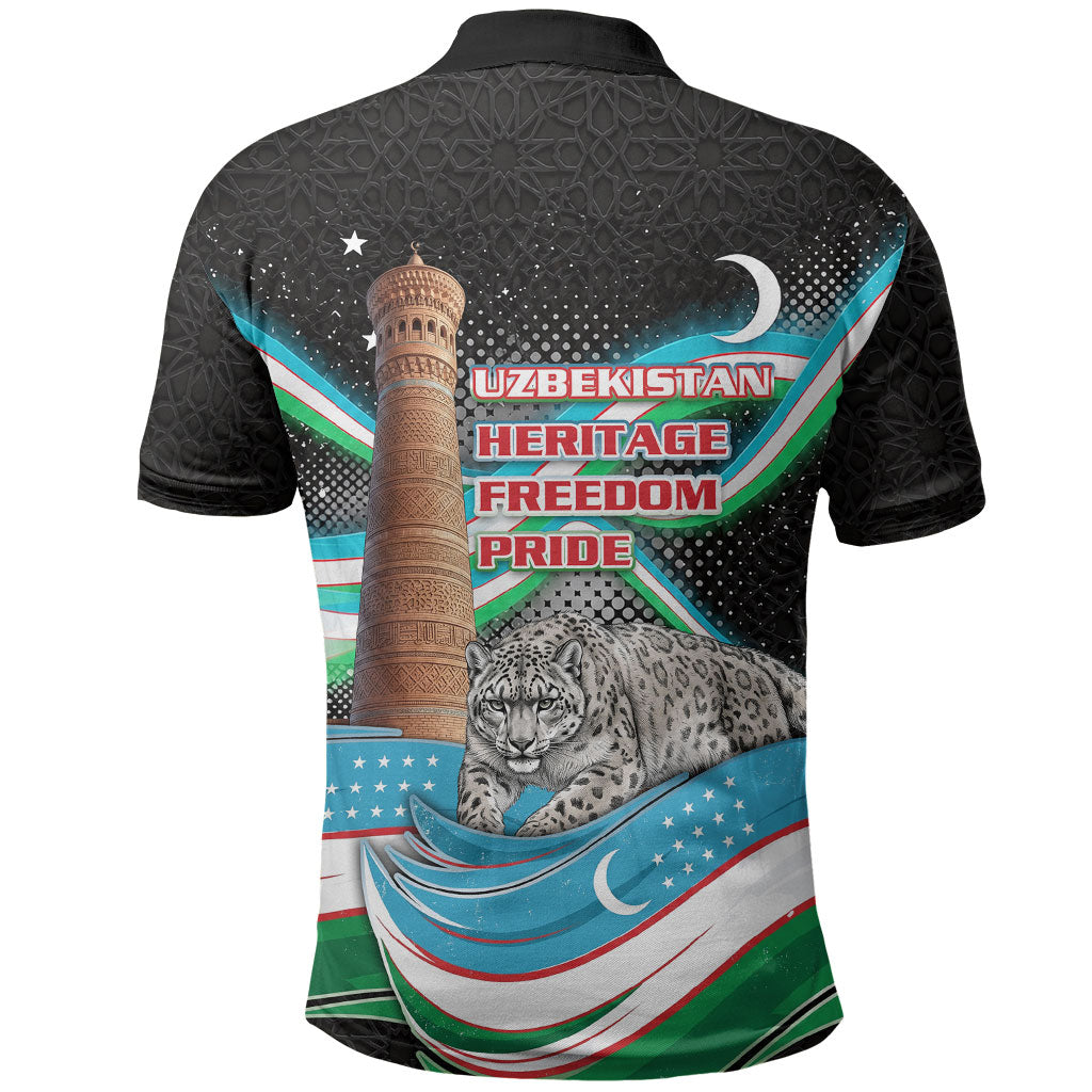 Uzbekistan Independence Day Polo Shirt Freedom Snow Leopard Minaret Architecture Flag