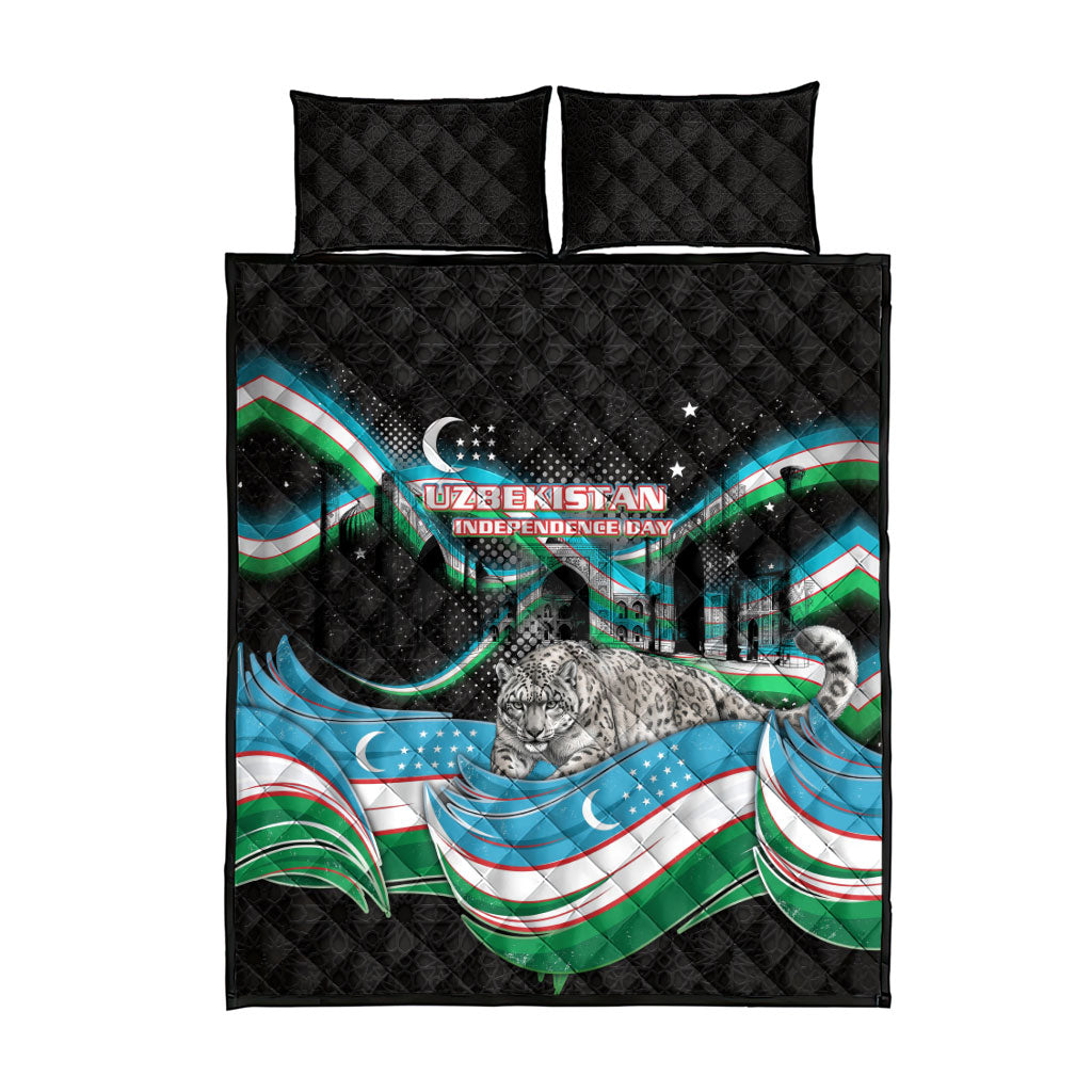 Uzbekistan Independence Day Quilt Bed Set Freedom Snow Leopard Minaret Architecture Flag