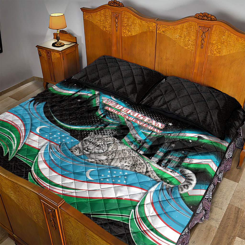 Uzbekistan Independence Day Quilt Bed Set Freedom Snow Leopard Minaret Architecture Flag
