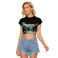 Uzbekistan Independence Day Raglan Cropped T Shirt Freedom Snow Leopard Minaret Architecture Flag