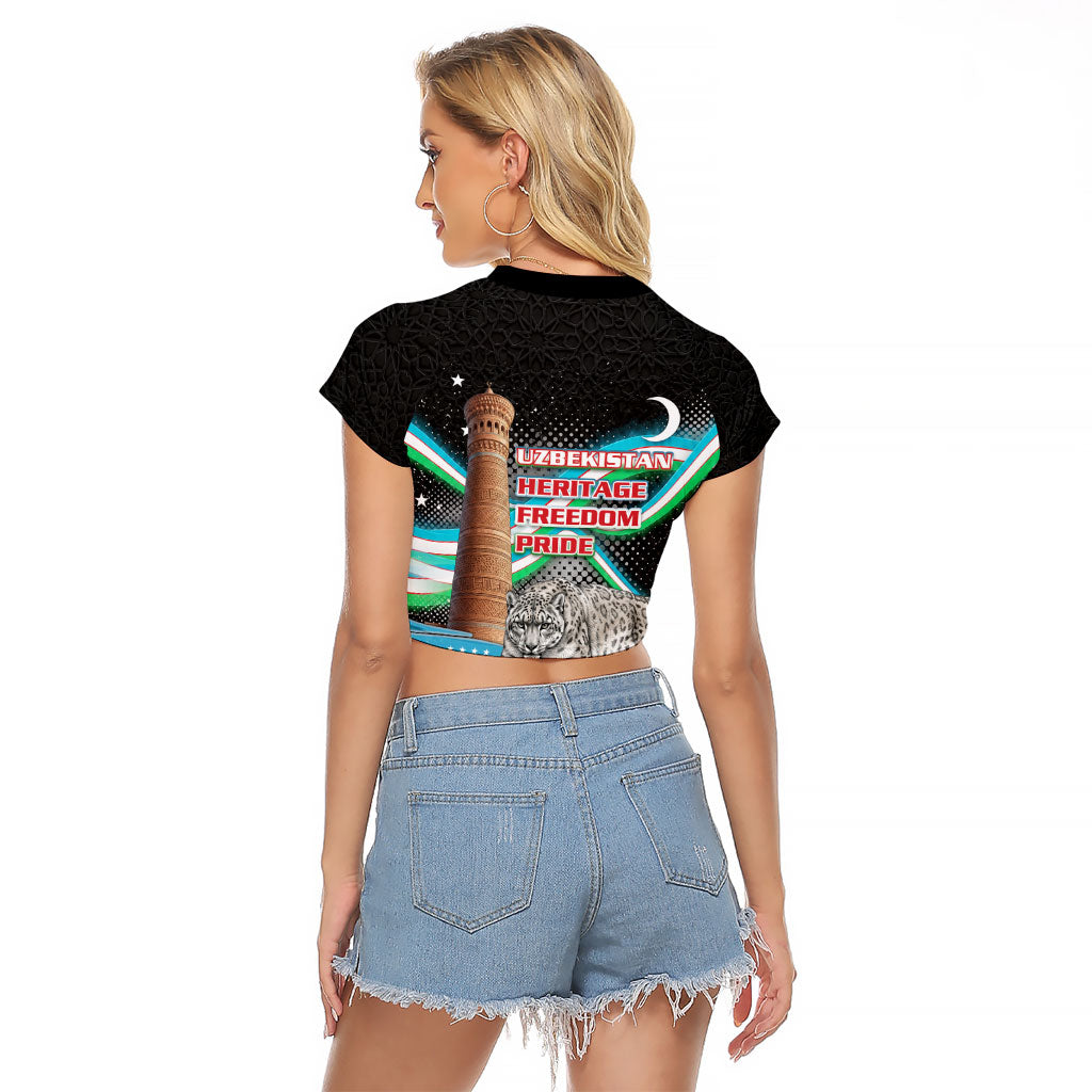 Uzbekistan Independence Day Raglan Cropped T Shirt Freedom Snow Leopard Minaret Architecture Flag