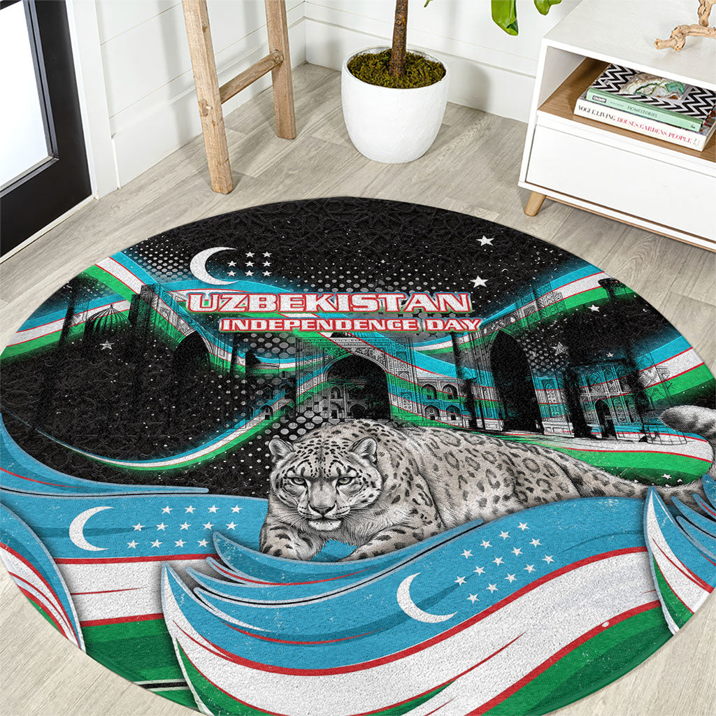 Uzbekistan Independence Day Round Carpet Freedom Snow Leopard Minaret Architecture Flag