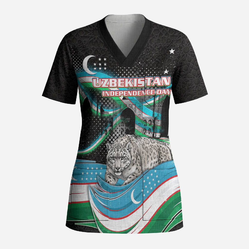 Uzbekistan Independence Day Scrub Top Freedom Snow Leopard Minaret Architecture Flag