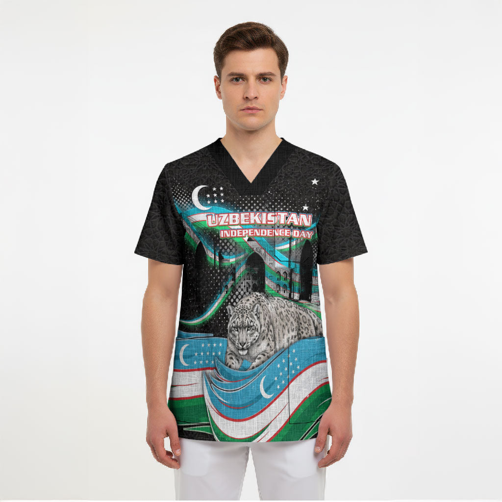Uzbekistan Independence Day Scrub Top Freedom Snow Leopard Minaret Architecture Flag