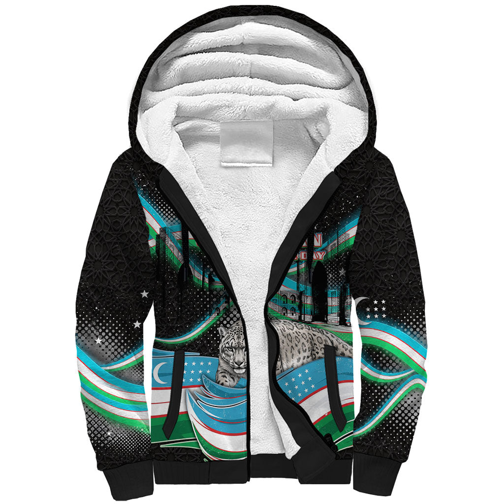 Uzbekistan Independence Day Sherpa Hoodie Freedom Snow Leopard Minaret Architecture Flag